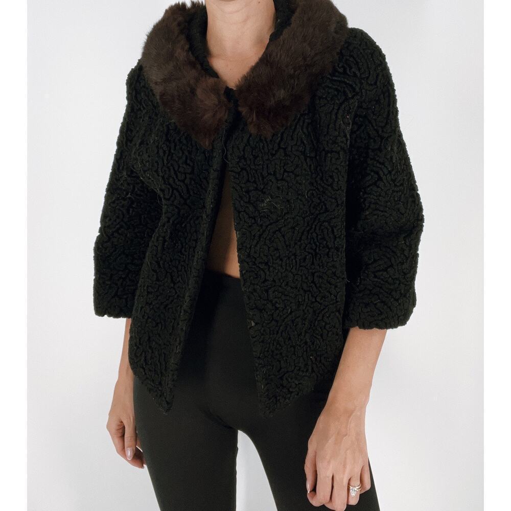 Vintage Fur Trim Black Pattern Winter Cape Size Small